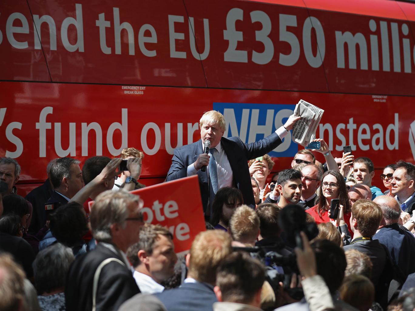 Boris Johnson and the Vote Leave campaign touring the UK in their Brexit Battle Bus. Christopher Furlong/Getty Images.